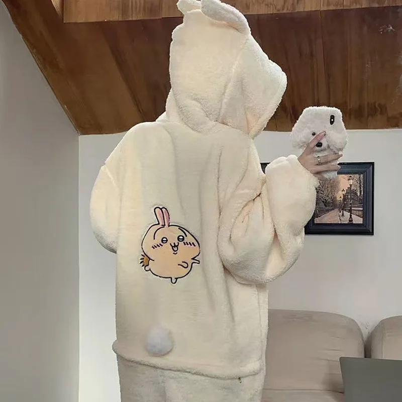 

Anime Usagi Sleeping Robe Autumn Winter Women's Thick Velvet Sleepwear Loose Medium To Long Home Clothes Can Be Worn Externally