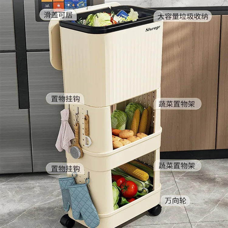 Kitchen trash can, household large capacity sliding cover, movable double-layer high design, bending free Japanese style storage