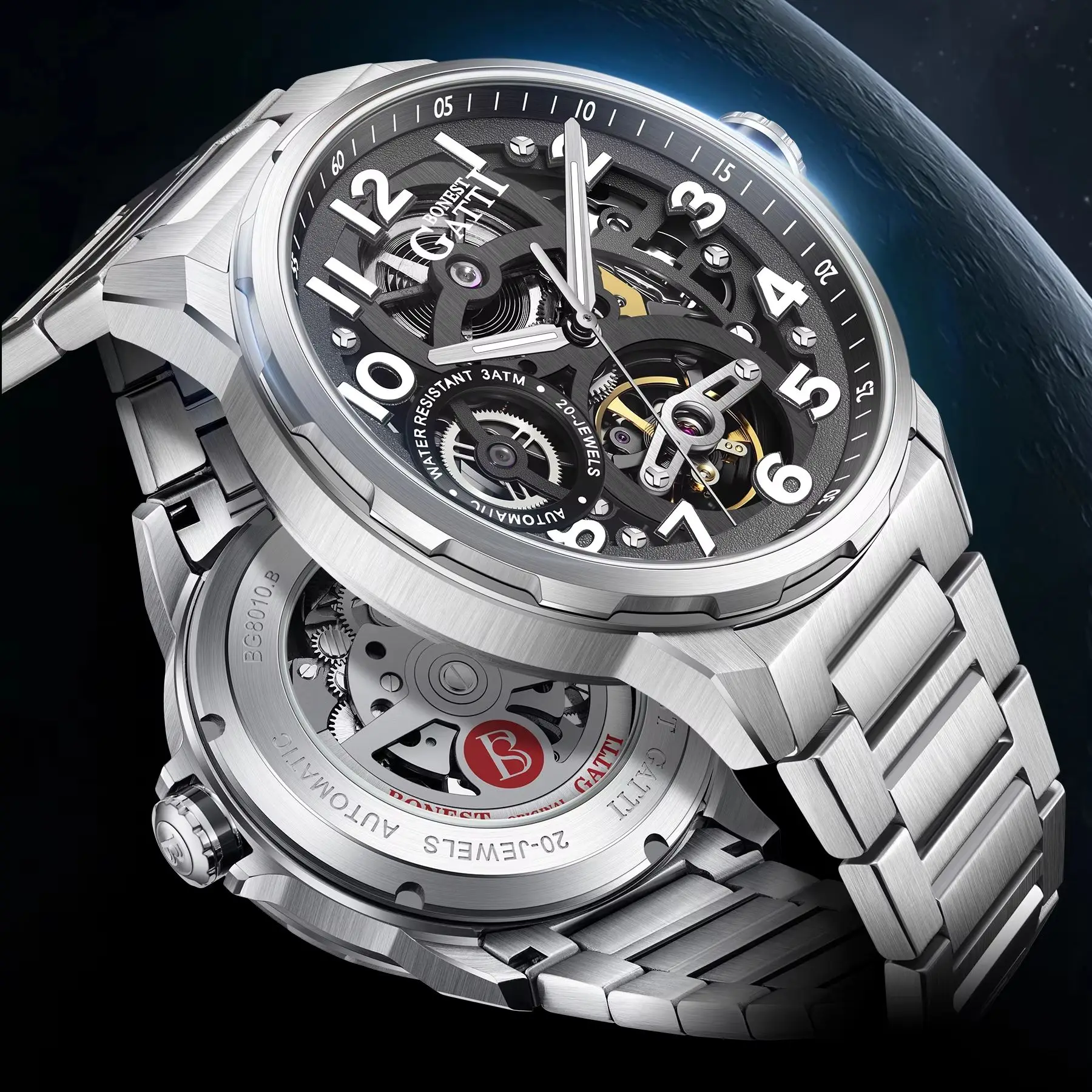 

BONEST GATTI Men Automatic Watch Luxury 42mm Mechanical Wristwatch 50M Waterproof Sapphire Luminous Skeleton Dial