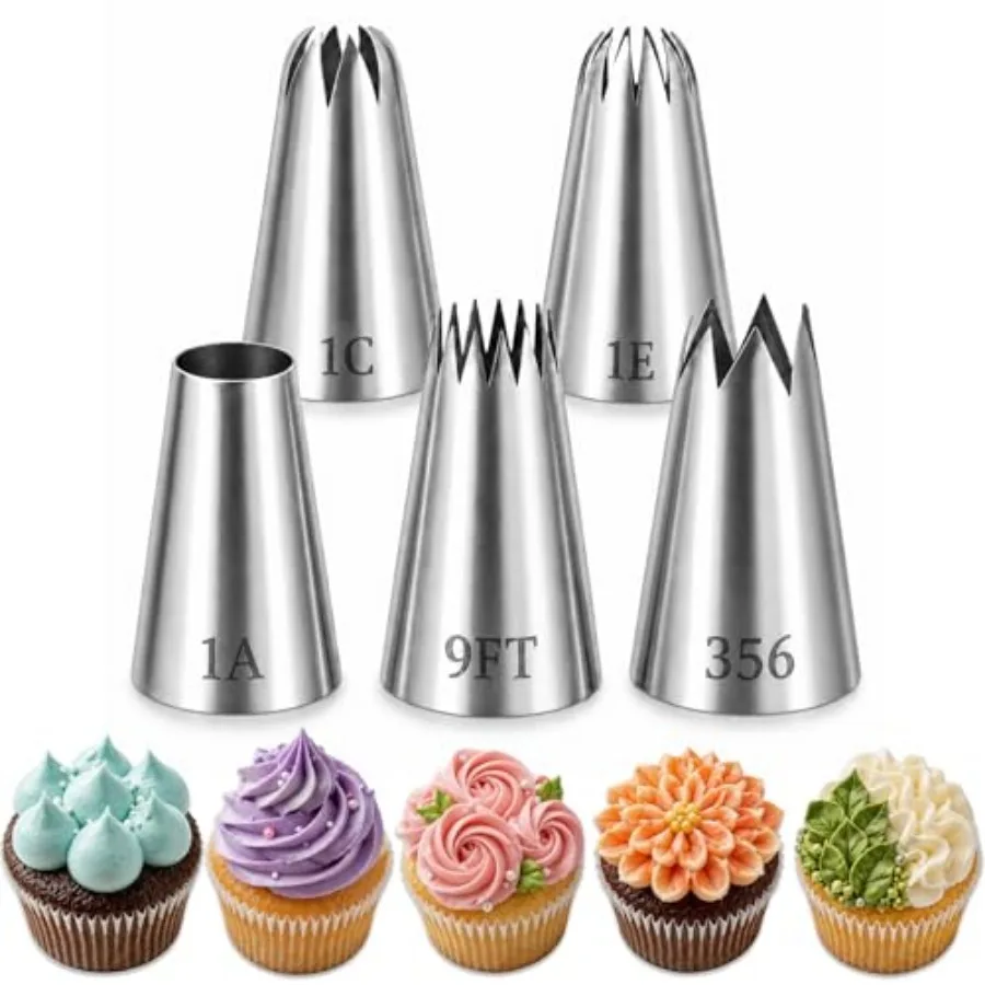 

Large Piping Tips Set, 5 Piece Stainless Steel Cake Decorating Tips for Icing and Frosting, Cupcake, Cookie and Pastry, 1A 1E 1