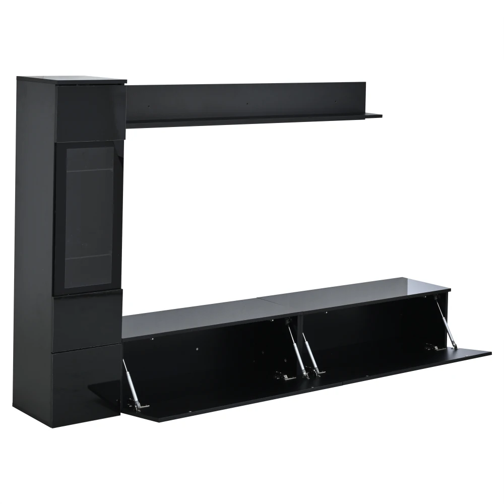 3-teiliges TV-Wohnzimmer-Wandset mit LED-Beleuchtung, Hochglanz-Möbelset, TV-Schrank, Vitrine und Hängeregal, für Fernseher bis zu 80 Zoll – Detail 21