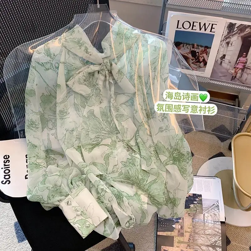 

French-style Green Print Tied Chiffon Blouse Women 2025 Early Spring New Vintage Long Sleeve Shirt