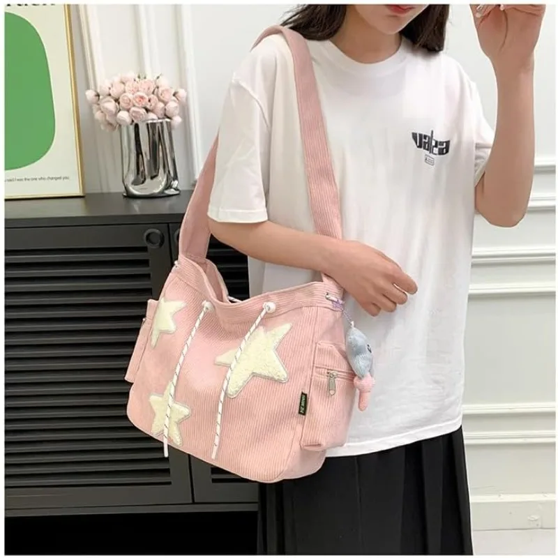 

Corduroy Star Embroidery Crossbody Bag - Multi-Pocket Tote with Adjustable Strap, Cute Daily Purse for Women pink/white