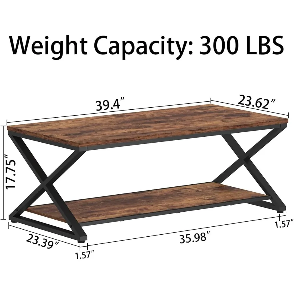 Rustic Farmhouse Brown Wood Coffee Table with Storage, Modern 2-Tier Living Room Center Table