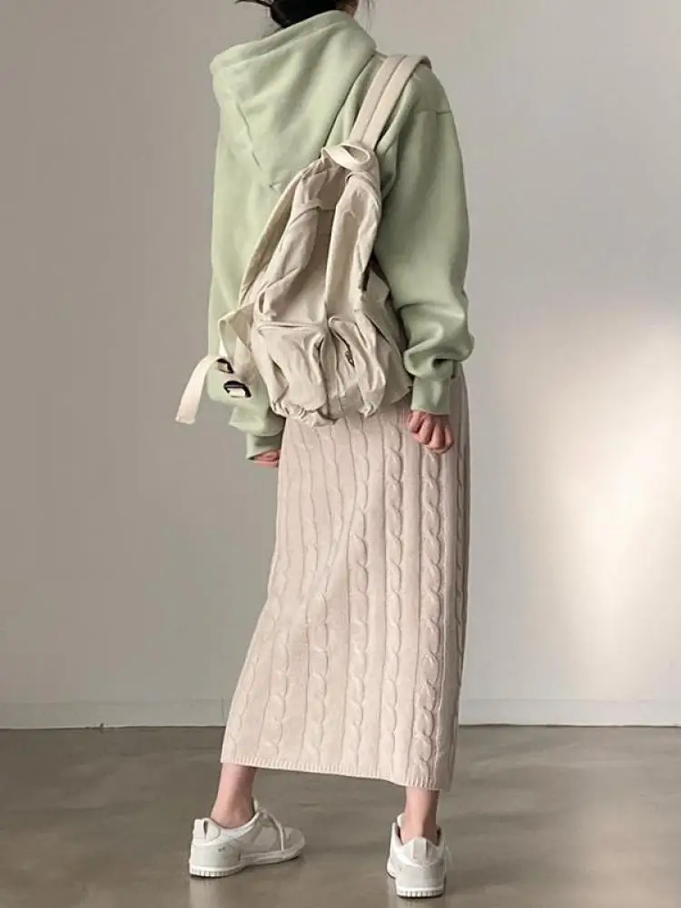 Women 2023 Fashion Autumn Winter Slim Long Skirt Vintage Casual Elastic High Waisted Straight Skirt New Solid Knitted Skirts