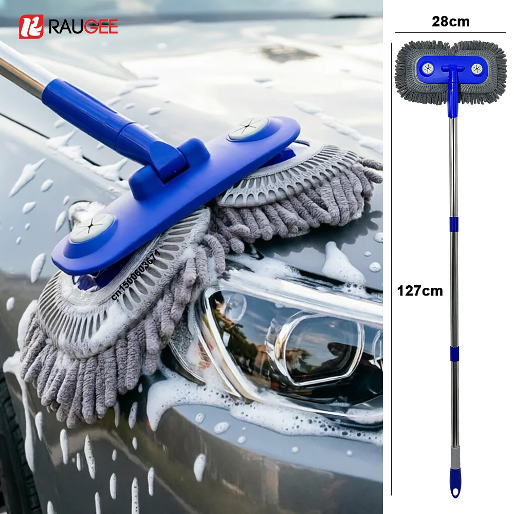 Car Cleaning Brush Double Head Car Wash Brush Telescoping Long Handle Car Wash Mop Soft Hair Chenille Broom Auto Cleaning Brush