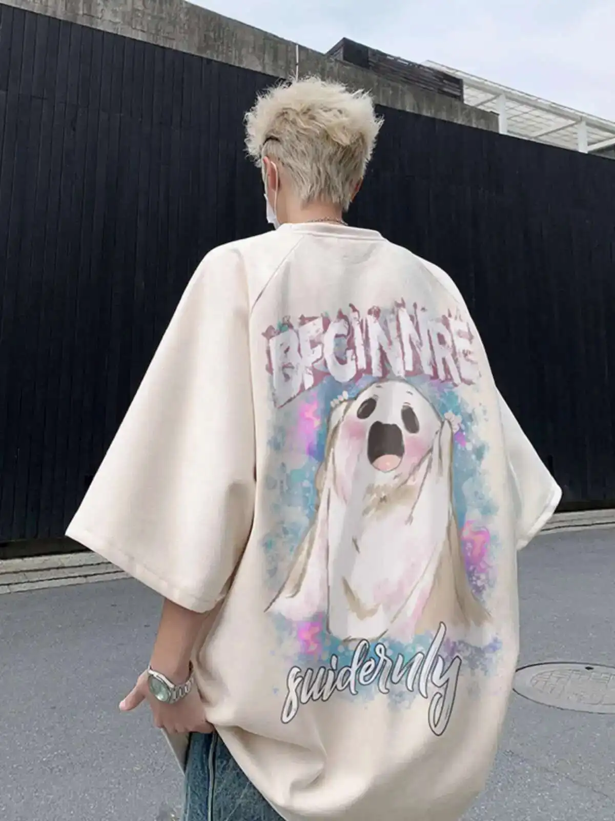 

Suede T-shirt Men's Brand 2025 Summer Cute Ghost Print Tshirts American Short Sleeved High Street Hip-hop Half Sleeved T-shirt