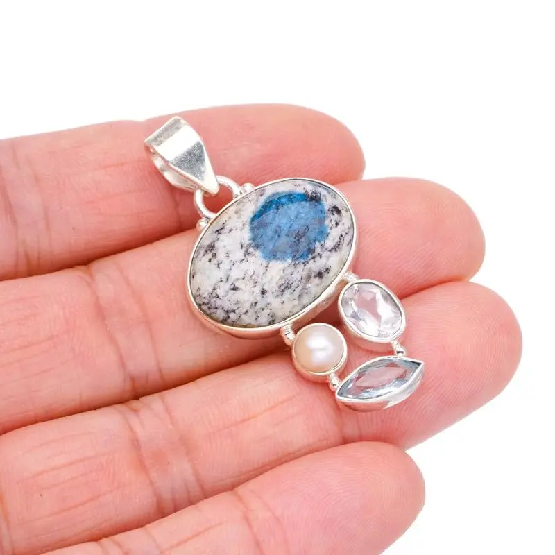 

StarGems Natural K2 Azurite&Blue Topaz And River Pearl Handmade 925 Sterling Silver Pendant 1 3/4" F6635