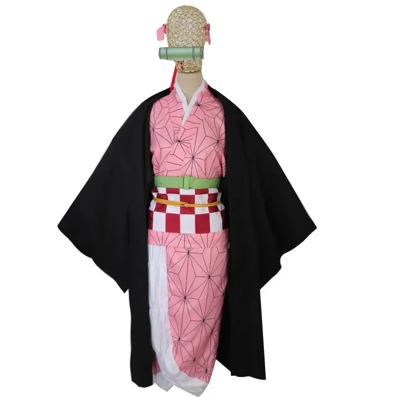 Anime Kimetsu no Yaiba Cosplay Costume Kamado Nezuko Japanese Kimono Woman Wig Halloween Costume Anime things Nail Art Dentures