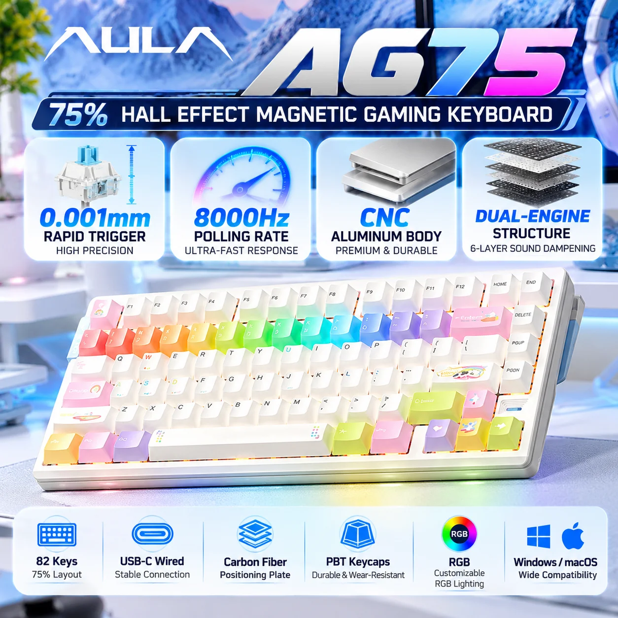 Teclado Gamer Magnético AULA AG75 82 Teclas Efeito Hall 8000Hz RGB Hot Swap CNC Alumínio