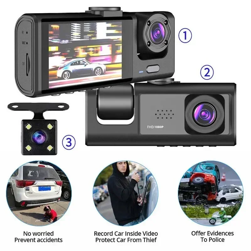 3 Camera Dash Cam W/ IR Night Vision Loop Recording & 2