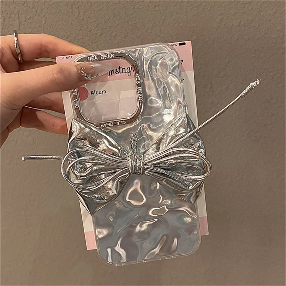 اليابان الليزر ثلاثية الأبعاد الفضة الجلود القوس التجاعيد الفنية آيفون 15 14 13 12 11 16 برو ماكس الفاخرة موجة تموج الماء غطاء