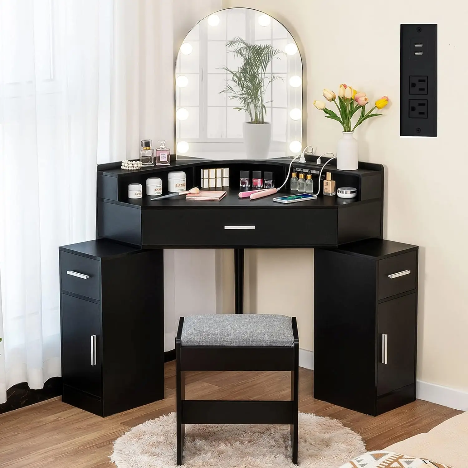 

usikey Corner Vanity Desk with Mirror and Lights, Makeup Vanity Table with Charging Station, 3 Drawers & Retractable Side