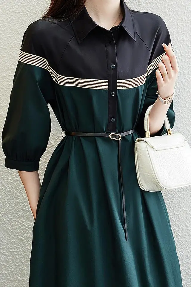 With Belt ! Office Lady Workwear Loose Straight Dresses For Women Fashion Half Sleeve Women's Dress Chic Patchwork Dress SL369