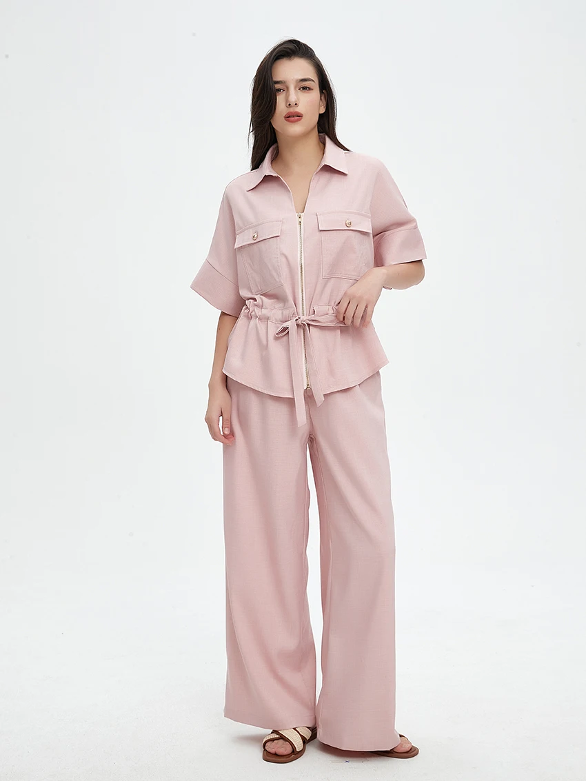

Parc Fee Fashion Loose Pink Linen Women's Two Pieces Set 2025 Casual Half Sleeve Shirt With High Waist Wide Pants Set Female