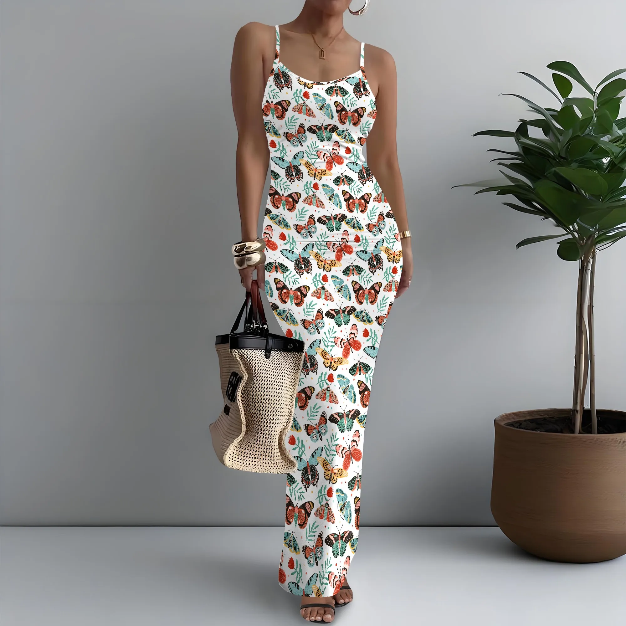

Women's Spaghetti Strap Maxi Dress Ethereal Butterfly Print Slim XS-3XL