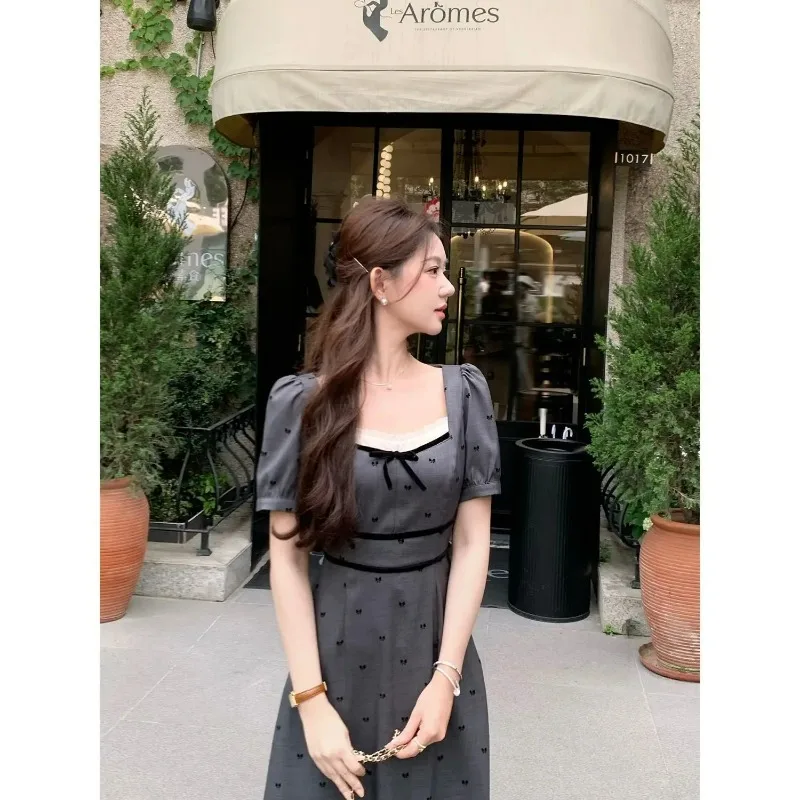 Korean Fashion Retro Square Neck Floral Dress Women 2025 New Summer Temperament Long Cinched Waist Dresses