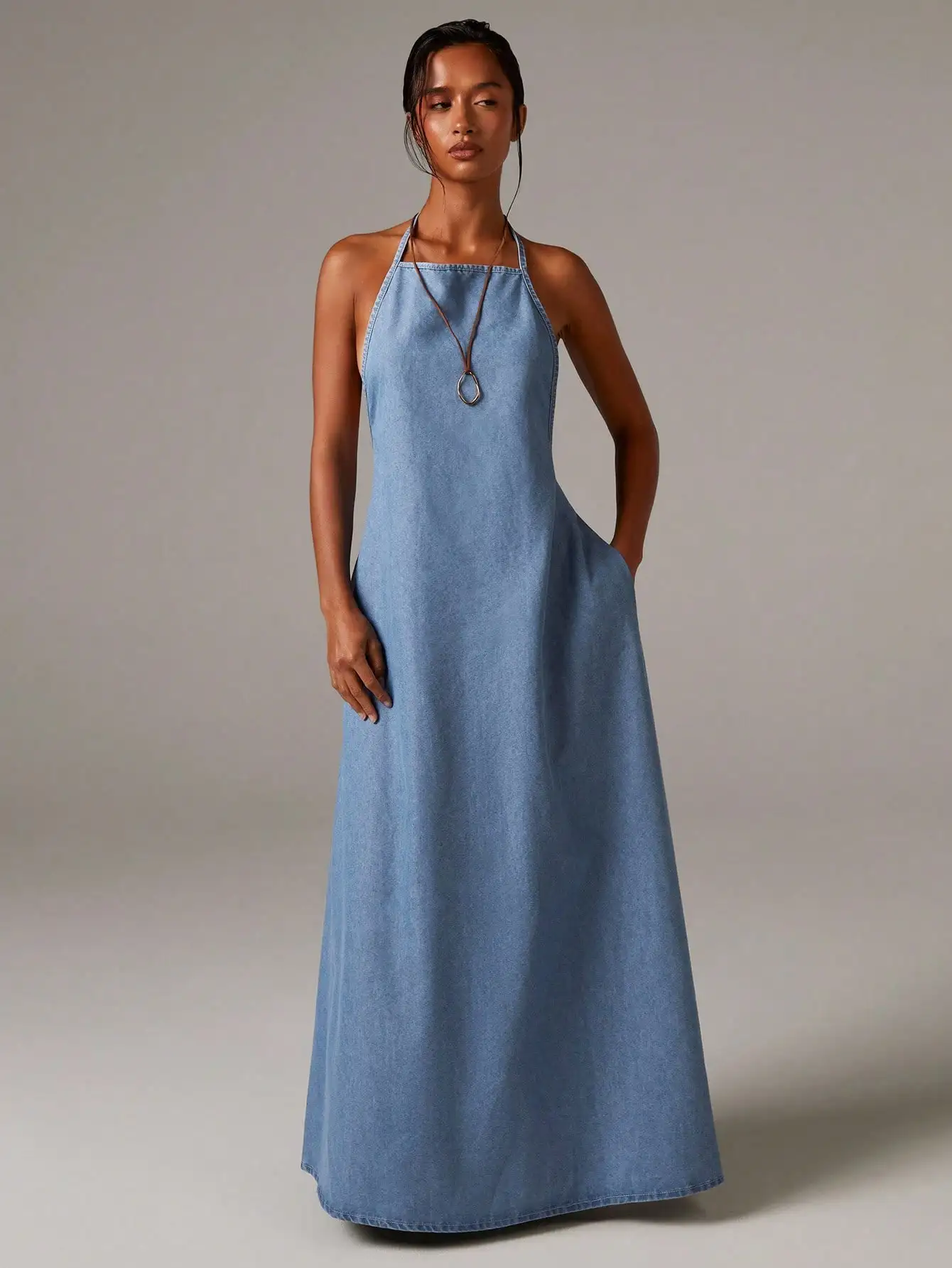 

Women's Denim Halterneck Backless Maxi Dress with Pockets