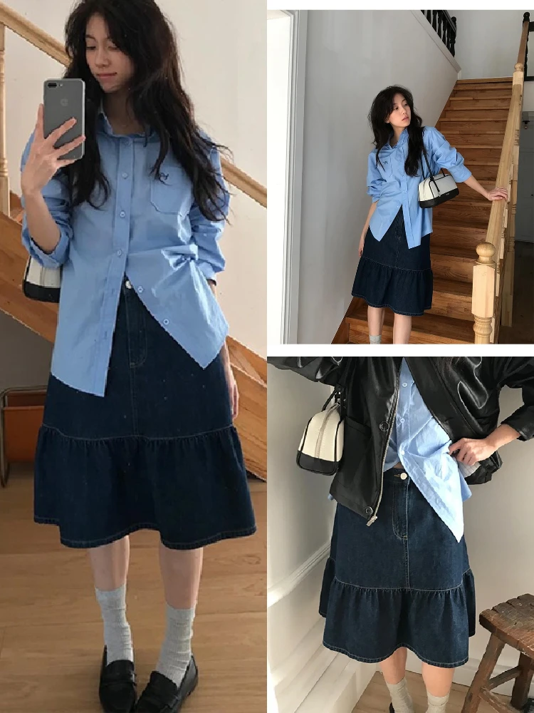 

Комплект из двух предметов: джинсовая рубашка и юбка свободного кроя с вышивкой, с высокой талией, длинными рукавами и воротником, из смесового хлопка, Ciwalk