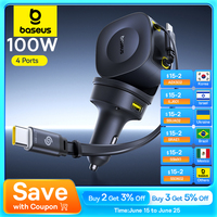 Baseus 100W Car Charger PD QC Fast Charging Dual Type-C Retractable Cable 4 ports 450°Rotation For Laptop Tablet iPhone Samsung