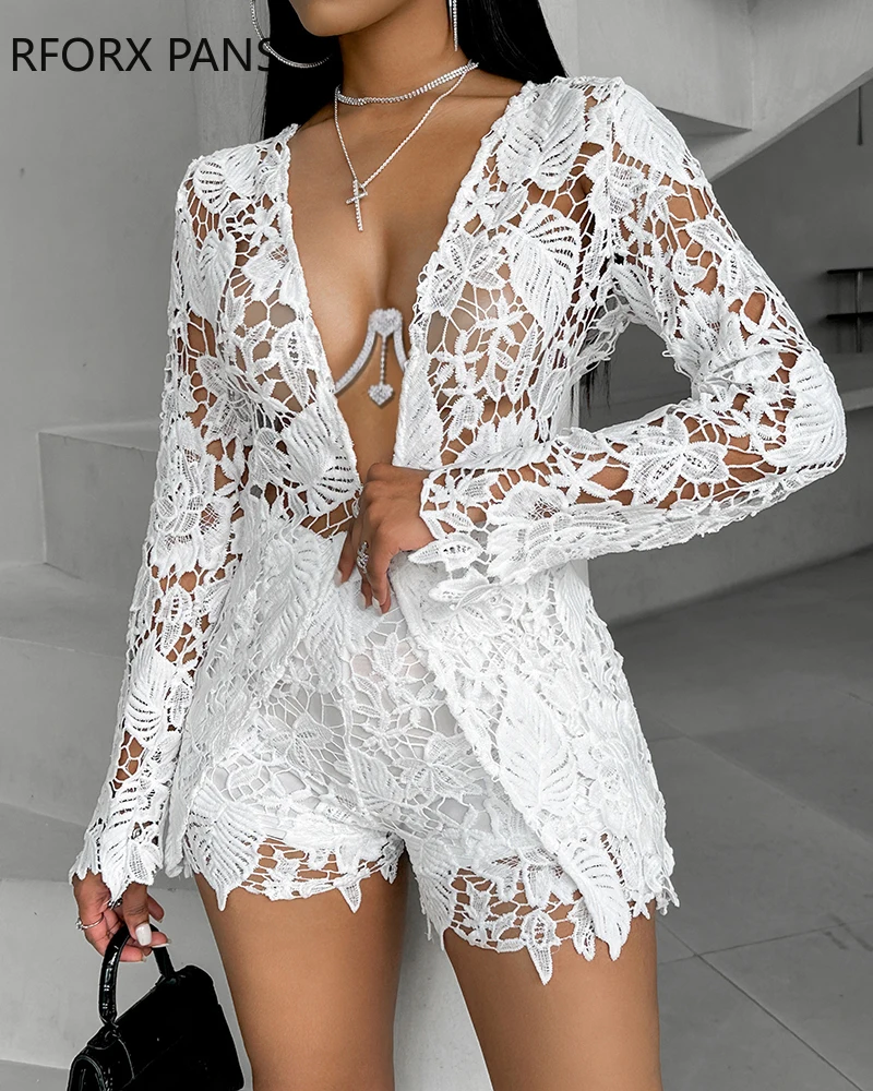 2024 Women Chic Hook Flower Hollow Long Sleeves Jacket Sexy Two Pieces Short Sets