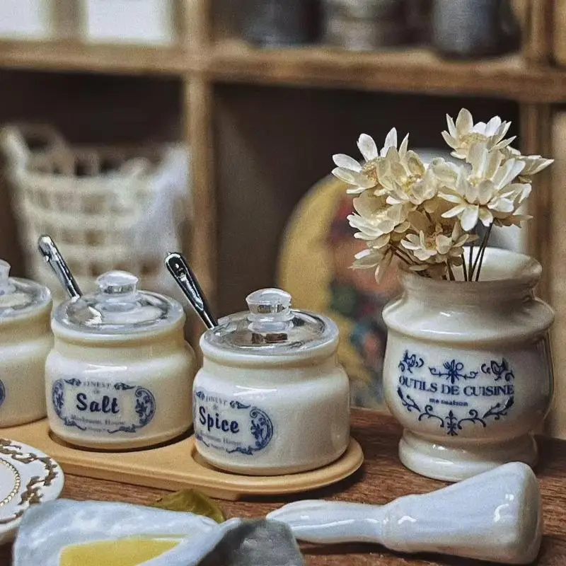 Mini Kitchen Seasoning Jar  6 Scale Dollhouse Spice Container Model Set Realistic Storage with Spoon and Personalized Stickers - view 4