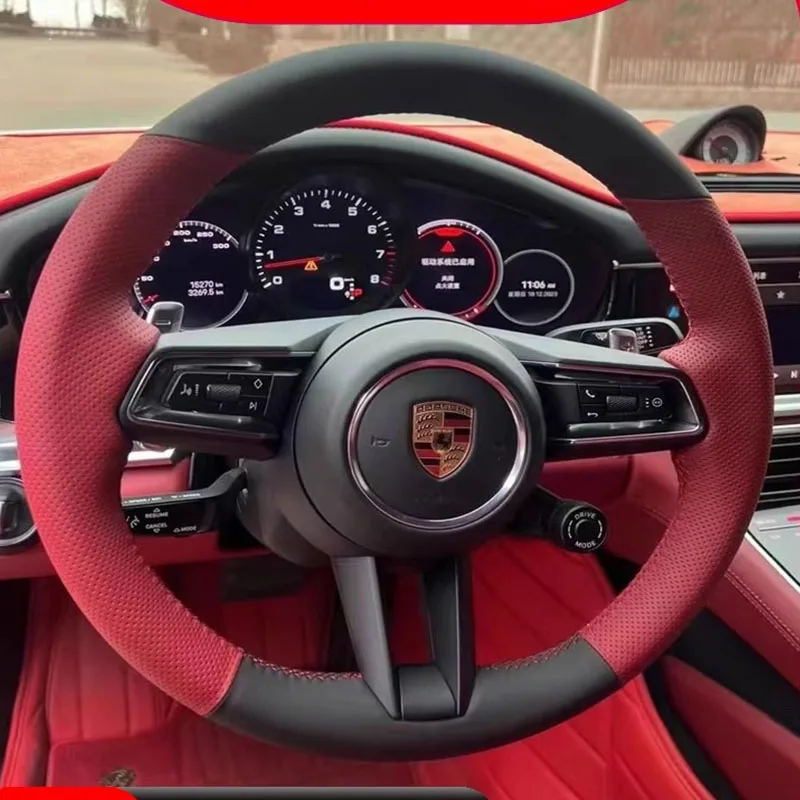 Dla Porsche Taycan Boxste Panamera Macan Cayenne 971 ręcznie czarny z nitką czerwony antypoślizgowy osłona na kierownicę do samochodu z prawdziwej skóry