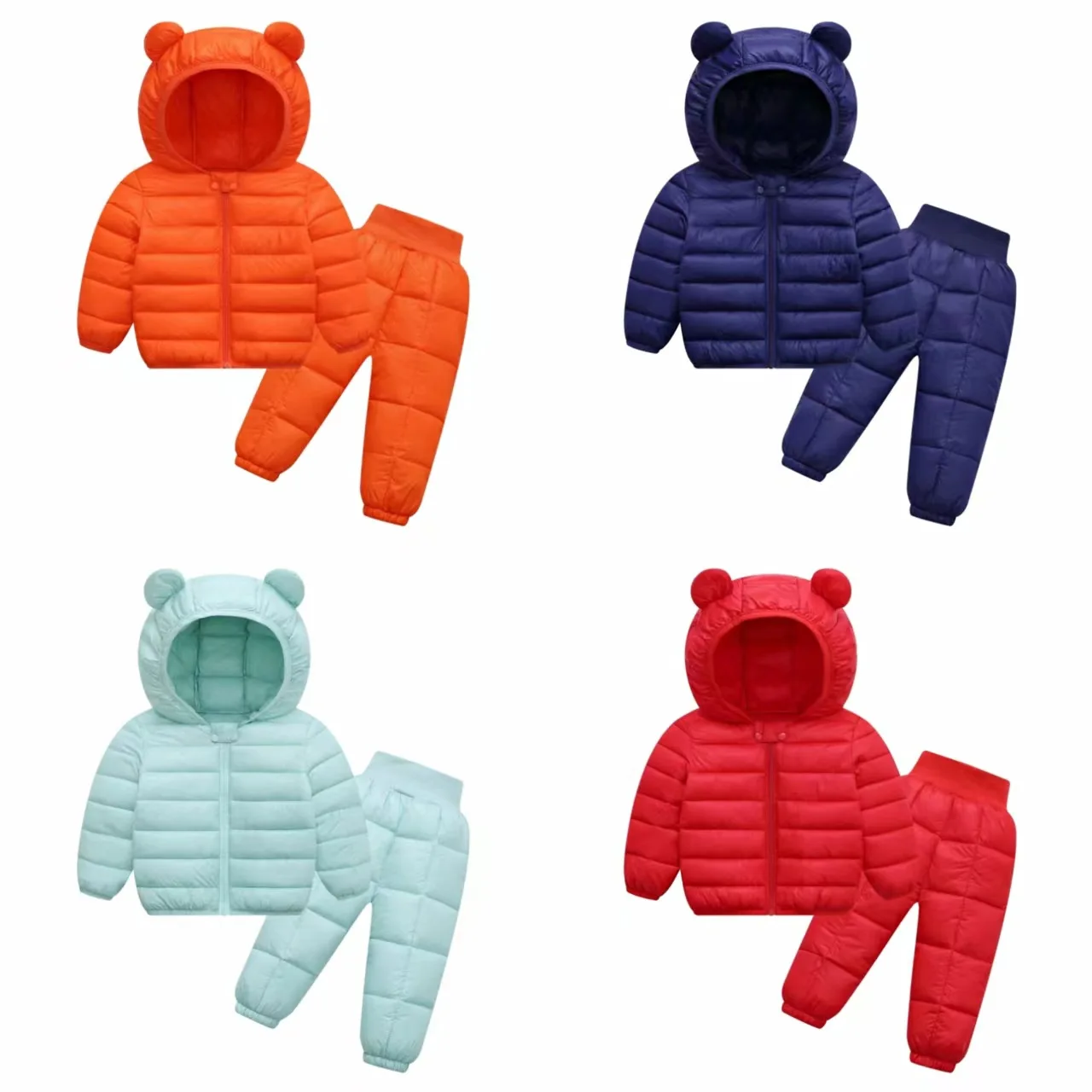 2023 Neues Kinder-Winter-Set Jungen und Mädchen Daunenjacke in Unifarbe mit Kapuze + Hose Baby Schnee-Set Verdickt und Warm 0-5 Jahre