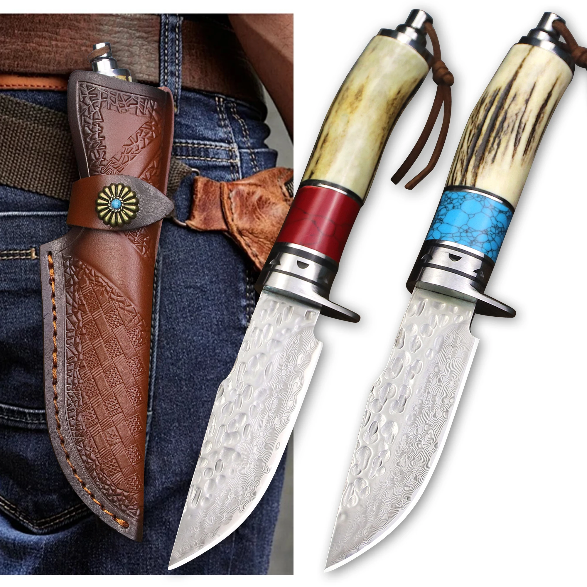 Damascus steel high-hardness sharp outdoor knife, hiking and camping straight knife, antler handle portable self-defense knife
