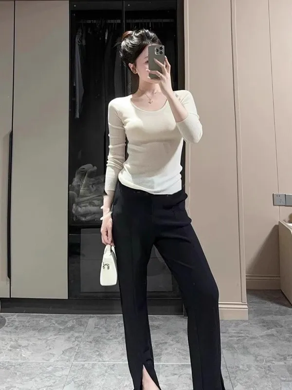 Soft Long Sve Camere Knitted Sweater Women's Autumn Winter Warm Fitting Slimming Base Layer Top White mat Sle