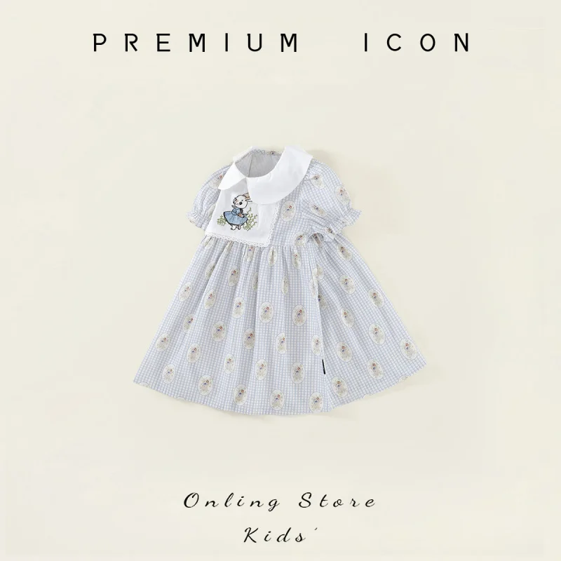 

2026Summer children's dress with animal embroidery, doll collar, puff short sleeves, plaid children's dress