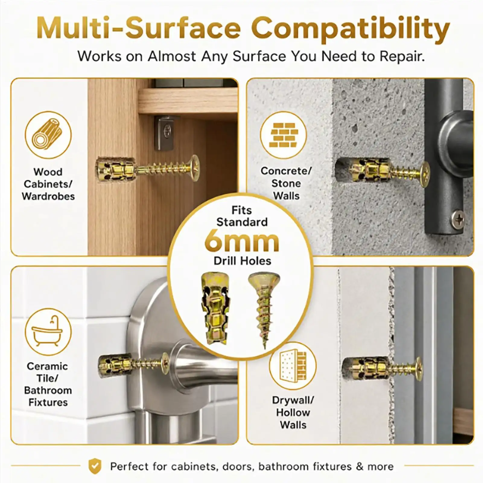 50pcs Short Expansion Screws Set 6x14mm Cabinet Door Hinge Thread Repair Screw Wall Anchors Fixer Self Tapping Drilling Plug