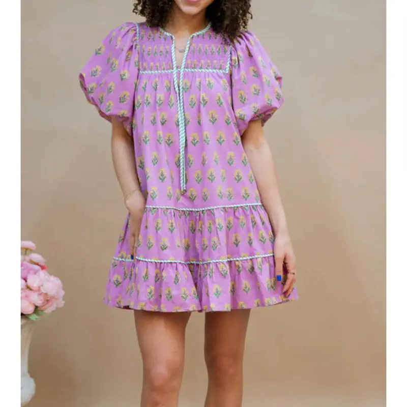 Women Summer Smocked V-Neck with Thin Straps Aesthetic Floral Print Short Puff Sleeve Loose Flowy A-line Mini Dress