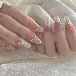 24Pcs Almond Pure Handmade Press On Nails Full Cover Butterfly French Pearl Diamond False Nails Wearable Manicure Nail Tips Art