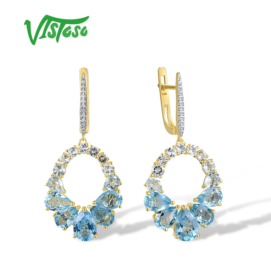 

VISTOSO 14K 585 Yellow Gold Earrings For Women Sparkling Gradual White Blue Topaz Diamond Earrings Gorgeous Trendy Fine Jewelry