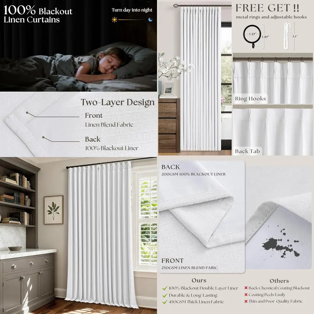 

Pure White 90 Blackout Pleated Curtains for Living Room, 100% Light Blocking, Thermal Insulated, Soundproof