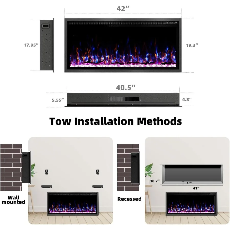 Camino elettrico in cristallo da 42 pollici con design realistico di tronchi e fiamma di cristallo per soggiorno o camera da letto Touch Control e Rem