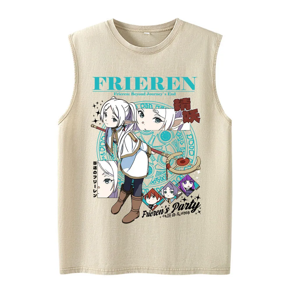Anime Frieren Beyond Journey's End Vintage Washed Vest T-shirts Men's Women Clothing Harajuku Loose Cotton Sleeveless Tank Tops