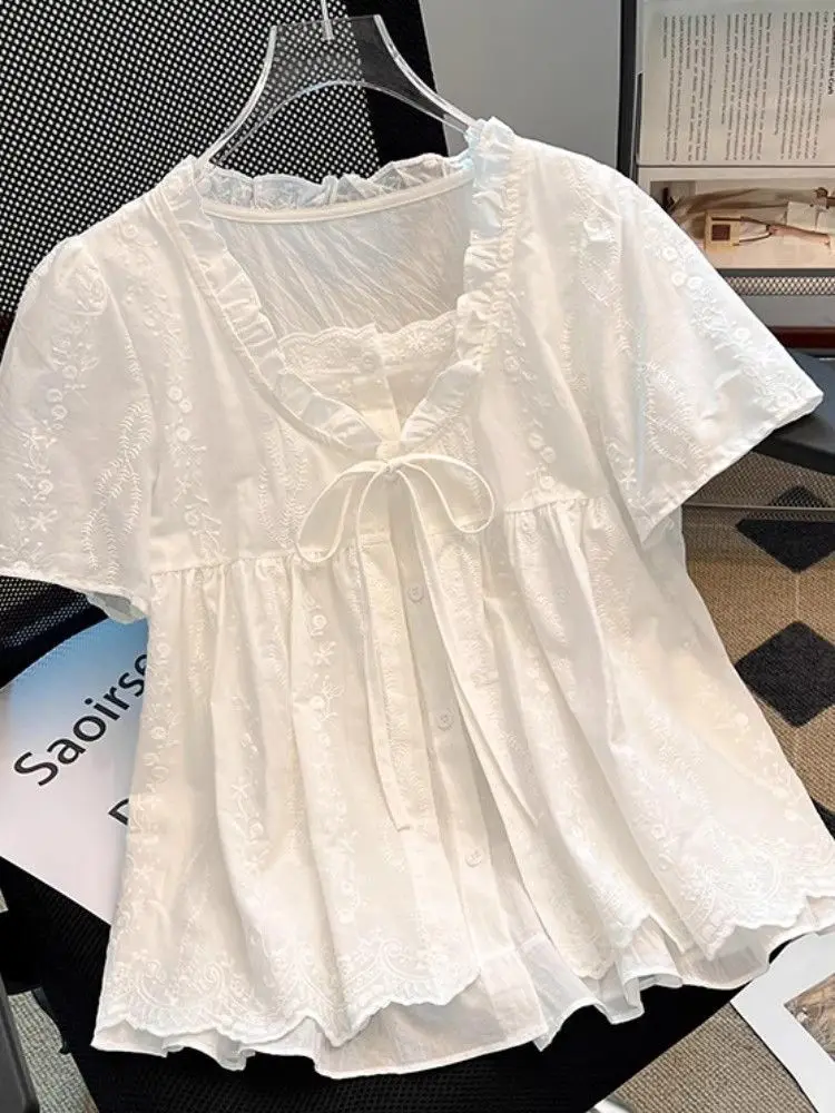 

Корейское летнее женское платье-комбинация с вышивкой, кружевной отделкой и поясом, имитация двухслойного платья, с V-образным вырезом, дышащее