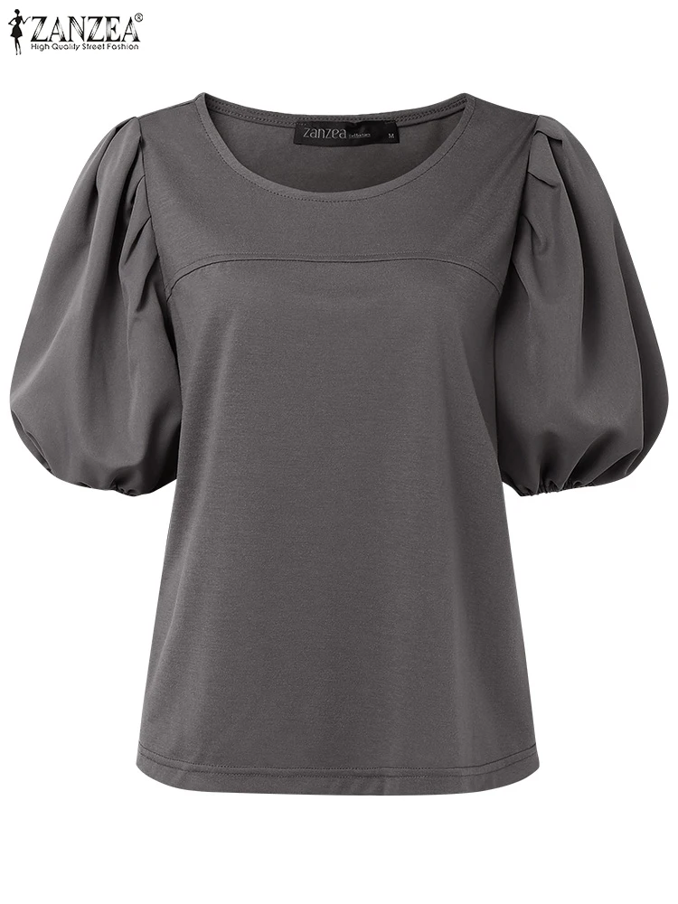 ZANZEA Fashion Summer Blouses Women Elegant Short Puff Sleeve Work OL Shirt Casual Solid O Neck Tunic Tops Stylish Party Blusas