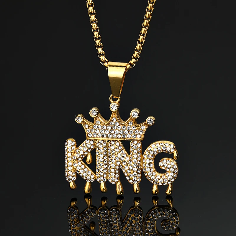 

Hip Hop Bling Iced Out Stainless Steel King Crown Pendants Necklace for Men Rapper Jewelry Gold Color