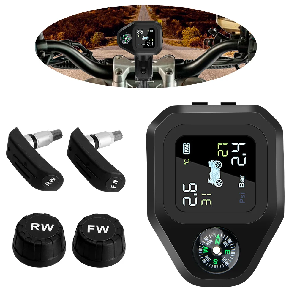 أجهزة استشعار ضغط الإطارات للدراجات النارية ، TPMS مع البوصلة ، نظام مراقبة ضغط الإطارات ، جهاز اختبار رقمي LCD ، اكسسوارات الدراجات النارية ، 0-8Bar ، 116Psi