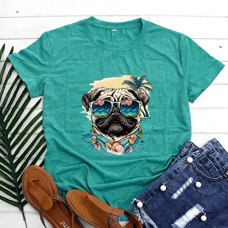 

Летняя женская футболка Street Sle ort Sve Повседневная пляжная футболка с принтом собаки Свободный крой из смеси хлопка и полиэстера круглый топ Ne