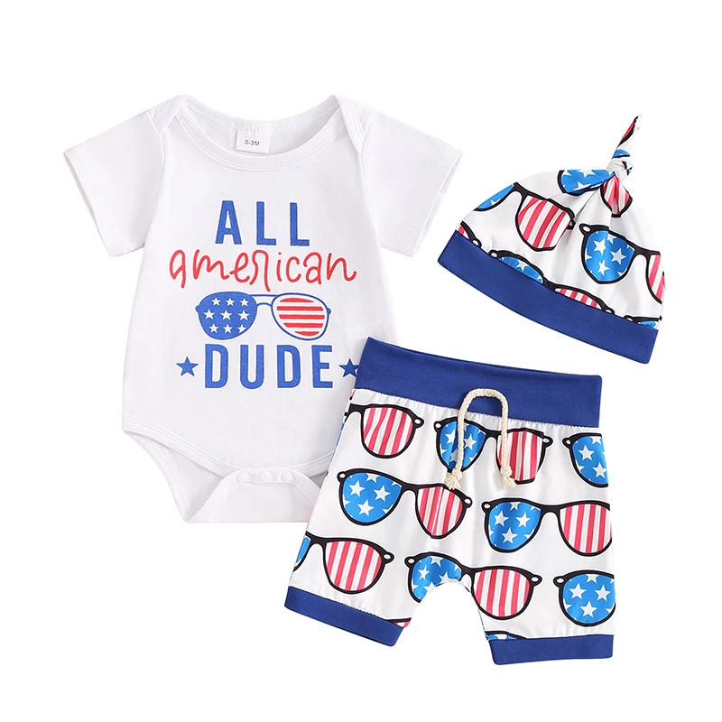 

4th of July Baby Boys Outfits Letter Print Short Sleeve Rompers Stripe Stars Glasses Print Shorts Hat 3Pcs Clothes Set