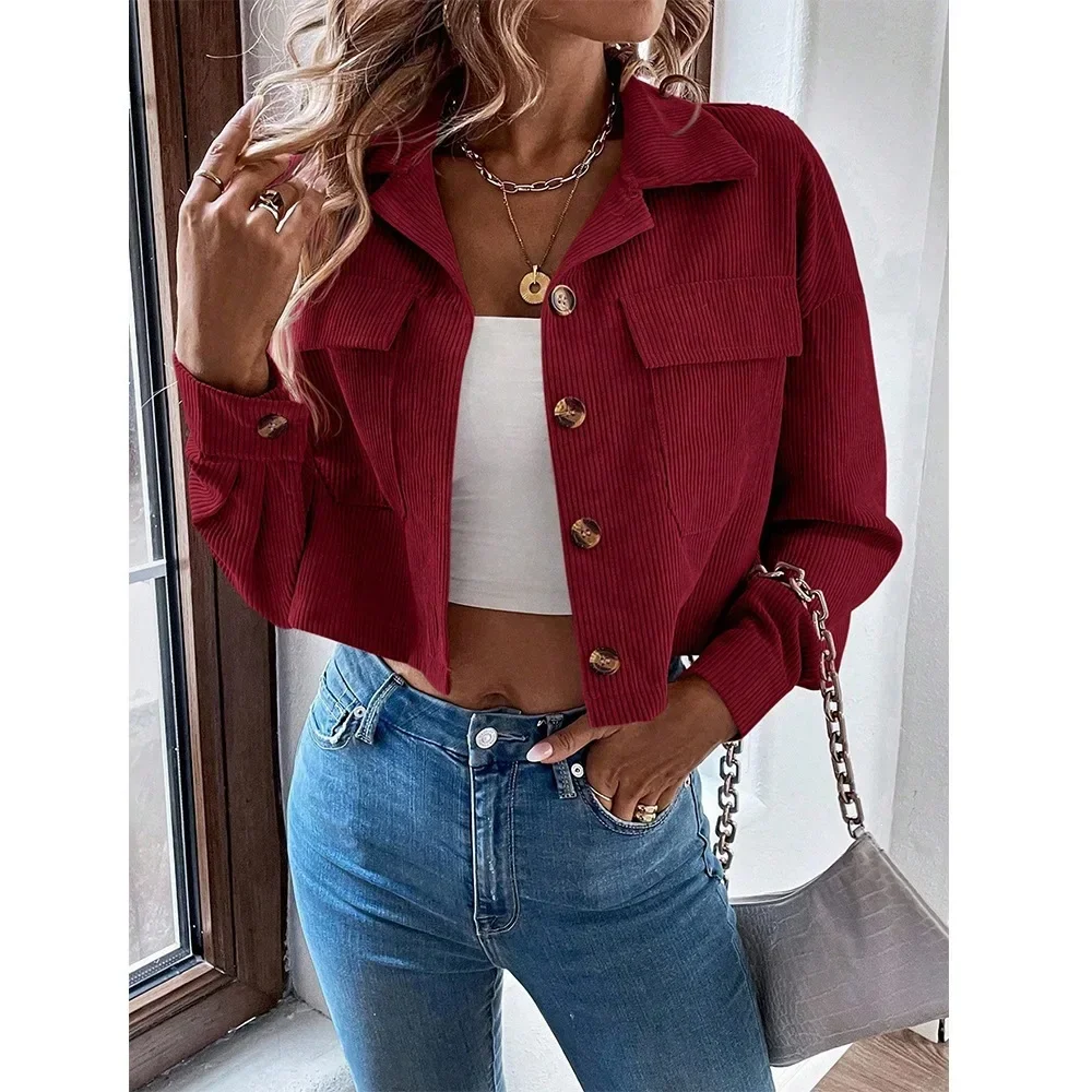2026 Autumn Winter Women Outwear Women's Corduroy Cropped Jacket Retro Button Down Shacket Long Sleeve Lapel Collar Coat Pockets