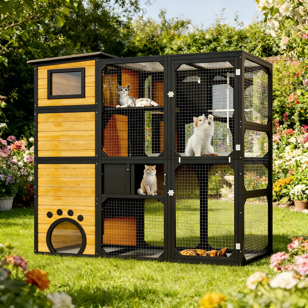 

All Weather Resistant Cat Villa Garden Balcony Special Multi Layer Jumping Platform With Warm Cabin Pet Fence