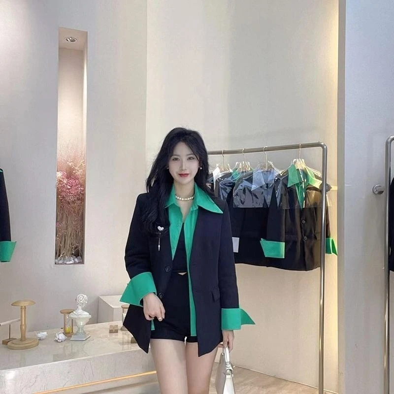 

​ Женский корейский стиль, Новое поступление 2025, искусственный блейзер из двух предметов, цветной блок, свободный крой, элегантный универсальный весенне-осенний костюм, топ ​