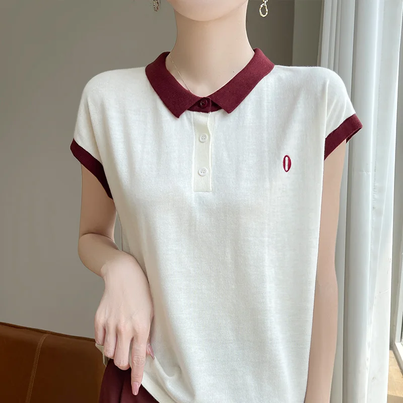 

Women's Summer POLO Collar Color Blocked Fashionable Imitation Wool Pullover Sweater With A Lapel Knit Top