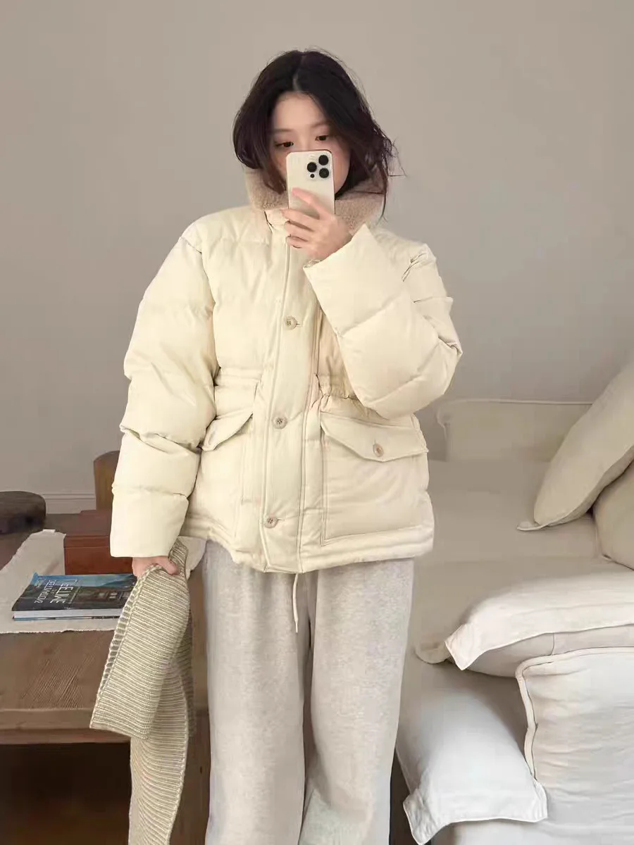 

Korean Sle Women's Loose down Jaet Lamb Fur Collar Bread Coat kets Warm Outerwear Daily Use Du down Filled