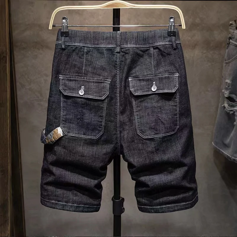 

Мужские джинсовые шорты в японском ретро-стиле с множеством карманов, модные свободные прямые джинсы-бермуды на резинке, повседневные
